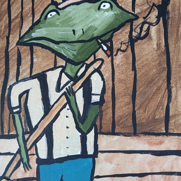 Frog Sweeping Porch Painting Folk Art Original - Picture 4 of 10